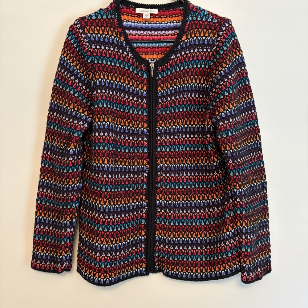 Coldwater Creek L Cardigan Sweater Zip Front Multicolor Striped Knit Statement